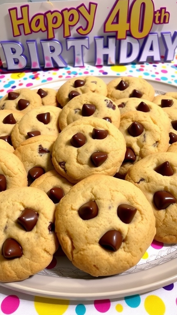 A colorful display of chocolate chip cookies on a birthday-themed table, ready for a 40th birthday celebration.